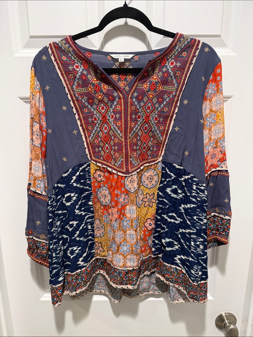 John Mark Floral patchwork embroidered V-Neck Pullover Top L boho lightweight